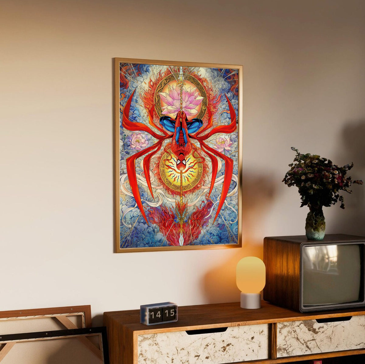 Spider-Man: Brand New Day (2026) Movie Psychedelic Spider Art poster in an oak frame above a sideboard