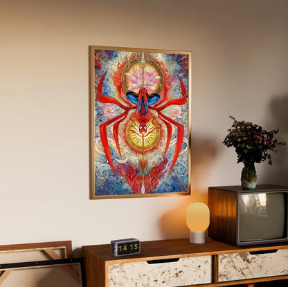 Spider-Man: Brand New Day (2026) Movie Psychedelic Spider Art poster in an oak frame above a sideboard