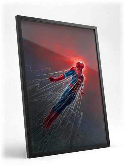 Spider-Man: Brand New Day (2026) Movie Red Glow Art poster in a black frame with glass leaning against a wall
