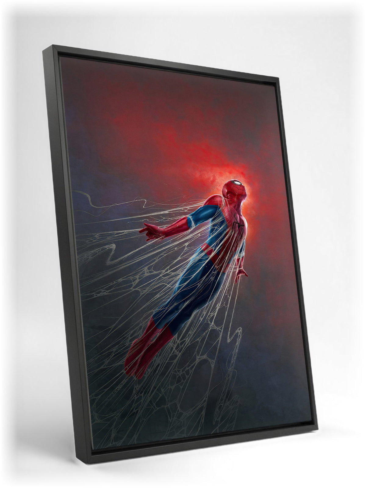Spider-Man: Brand New Day (2026) Movie Red Glow Art as a black floater framed canvas leaning against a wall