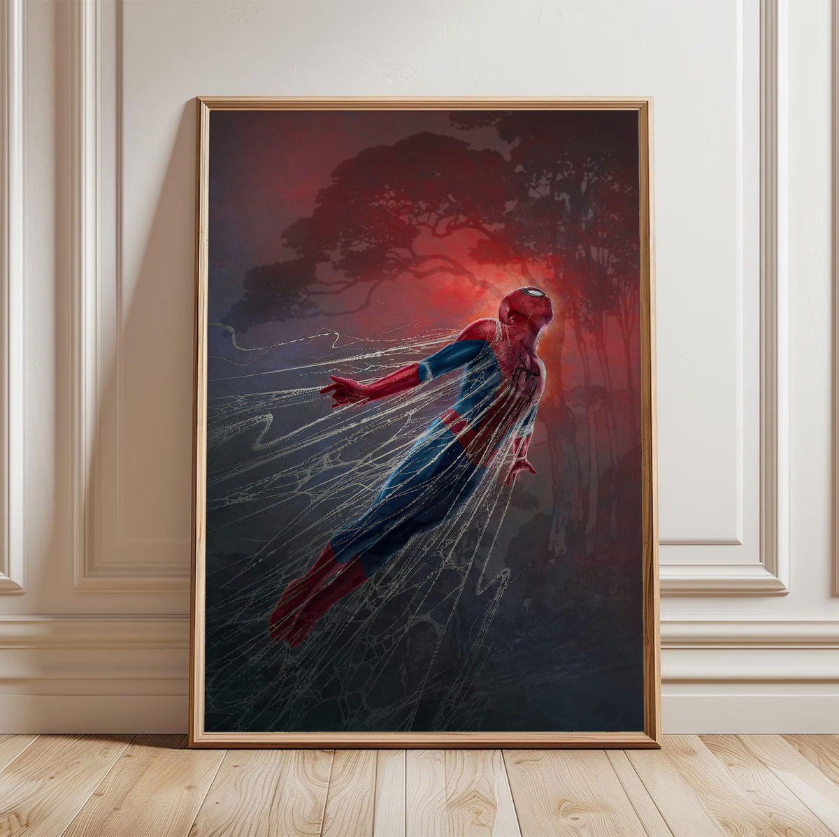 Spider-Man: Brand New Day (2026) Movie Red Glow Art poster in a light oak frame leaning against a white wall