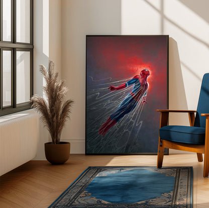 Spider-Man: Brand New Day (2026) Movie Red Glow Art poster framed beside a blue armchair in a sunlit room