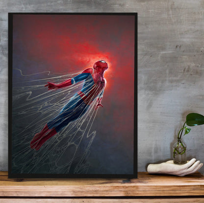 Spider-Man: Brand New Day (2026) Movie Red Glow Art poster in a black frame on a wooden shelf against concrete