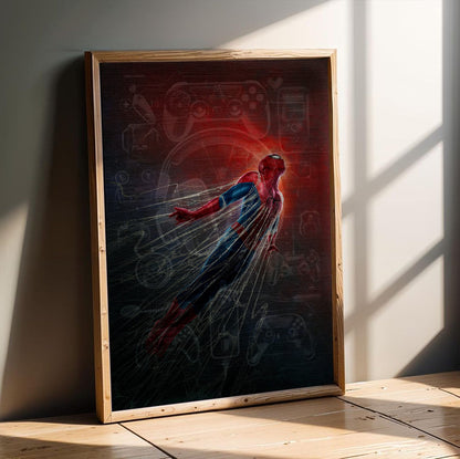 Spider-Man: Brand New Day (2026) Movie Red Glow Art poster in an oak frame leaning on a wooden floor