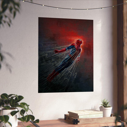 Spider-Man: Brand New Day (2026) Movie Red Glow Art poster unframed on a white wall above a desk