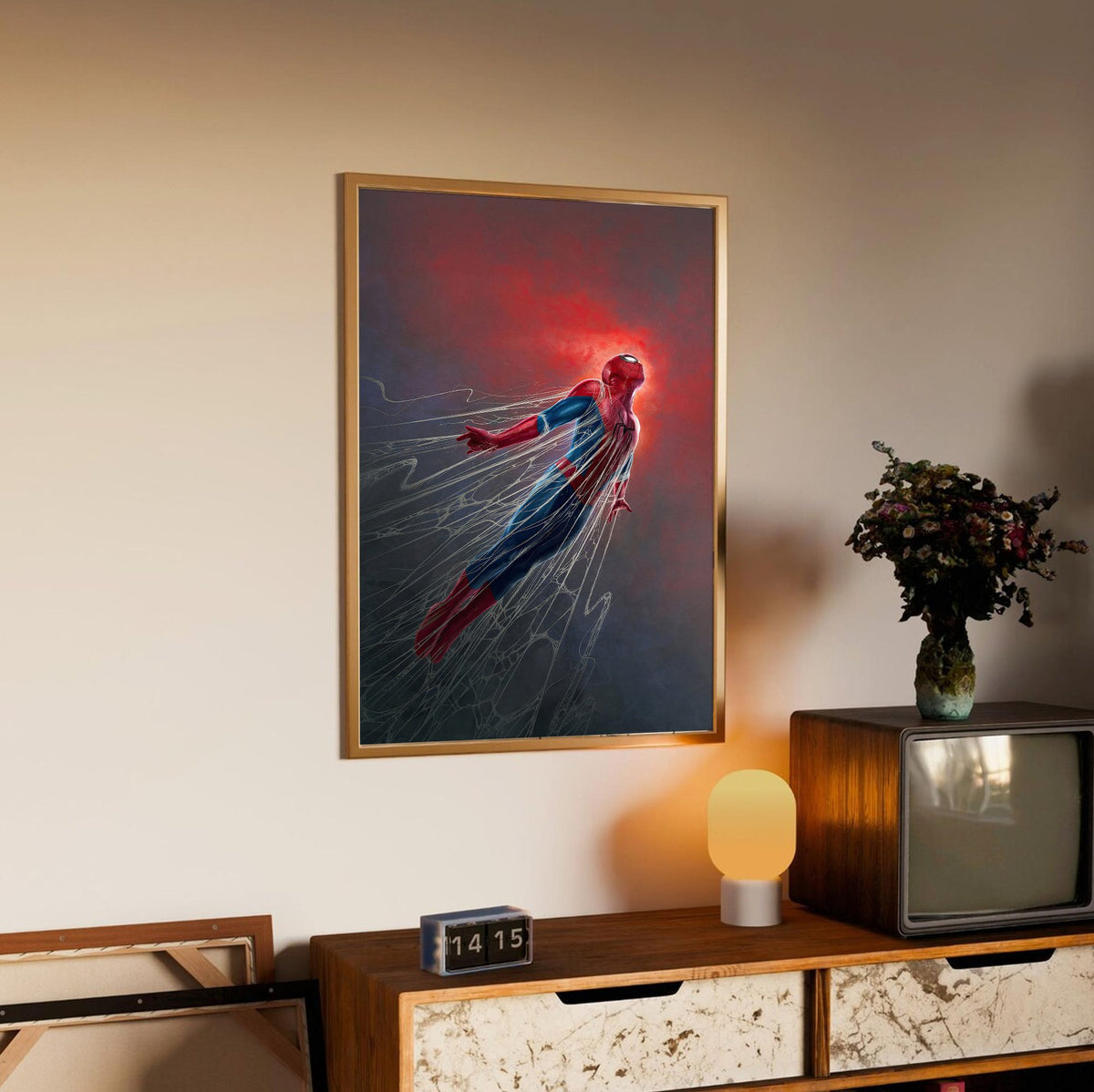Spider-Man: Brand New Day (2026) Movie Red Glow Art poster in an oak frame above a sideboard