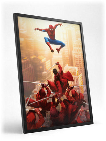 Spider-Man: Brand New Day (2026) Movie Red Stripe Art poster in a black frame with glass leaning against a wall