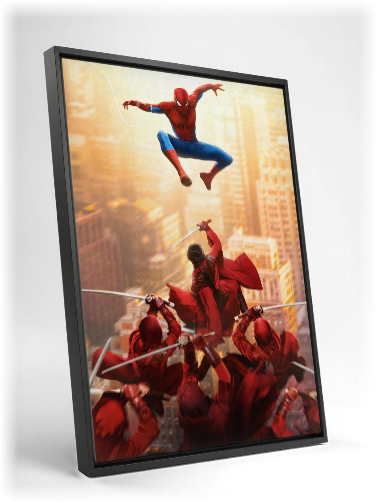Spider-Man: Brand New Day (2026) Movie Red Stripe Art as a black floater framed canvas leaning against a wall