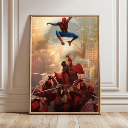 Spider-Man: Brand New Day (2026) Movie Red Stripe Art poster in a light oak frame leaning against a white wall