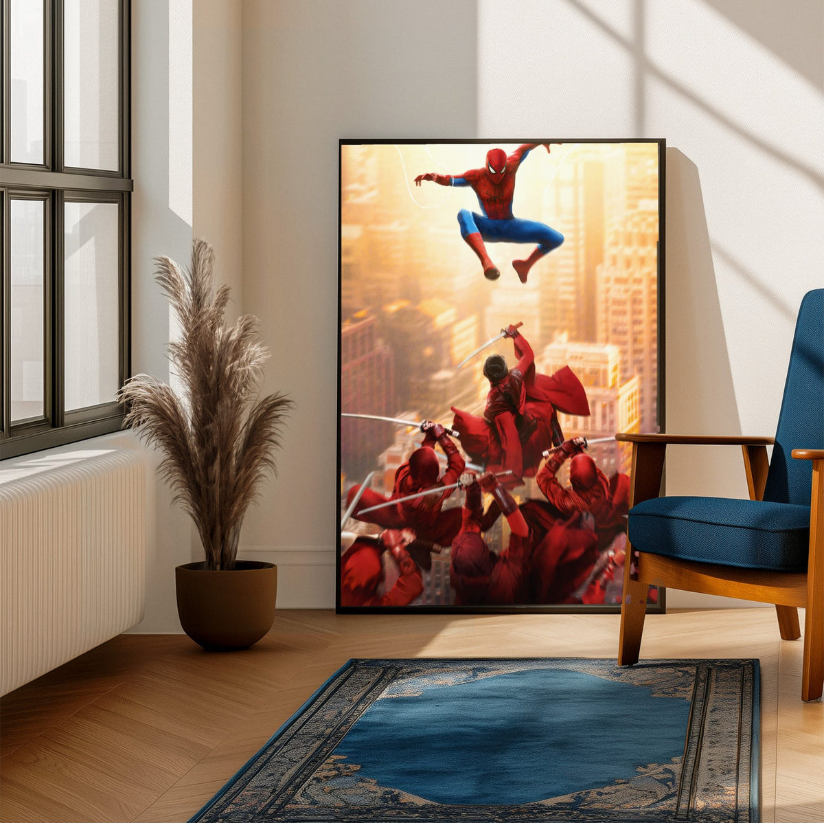 Spider-Man: Brand New Day (2026) Movie Red Stripe Art poster framed beside a blue armchair in a sunlit room