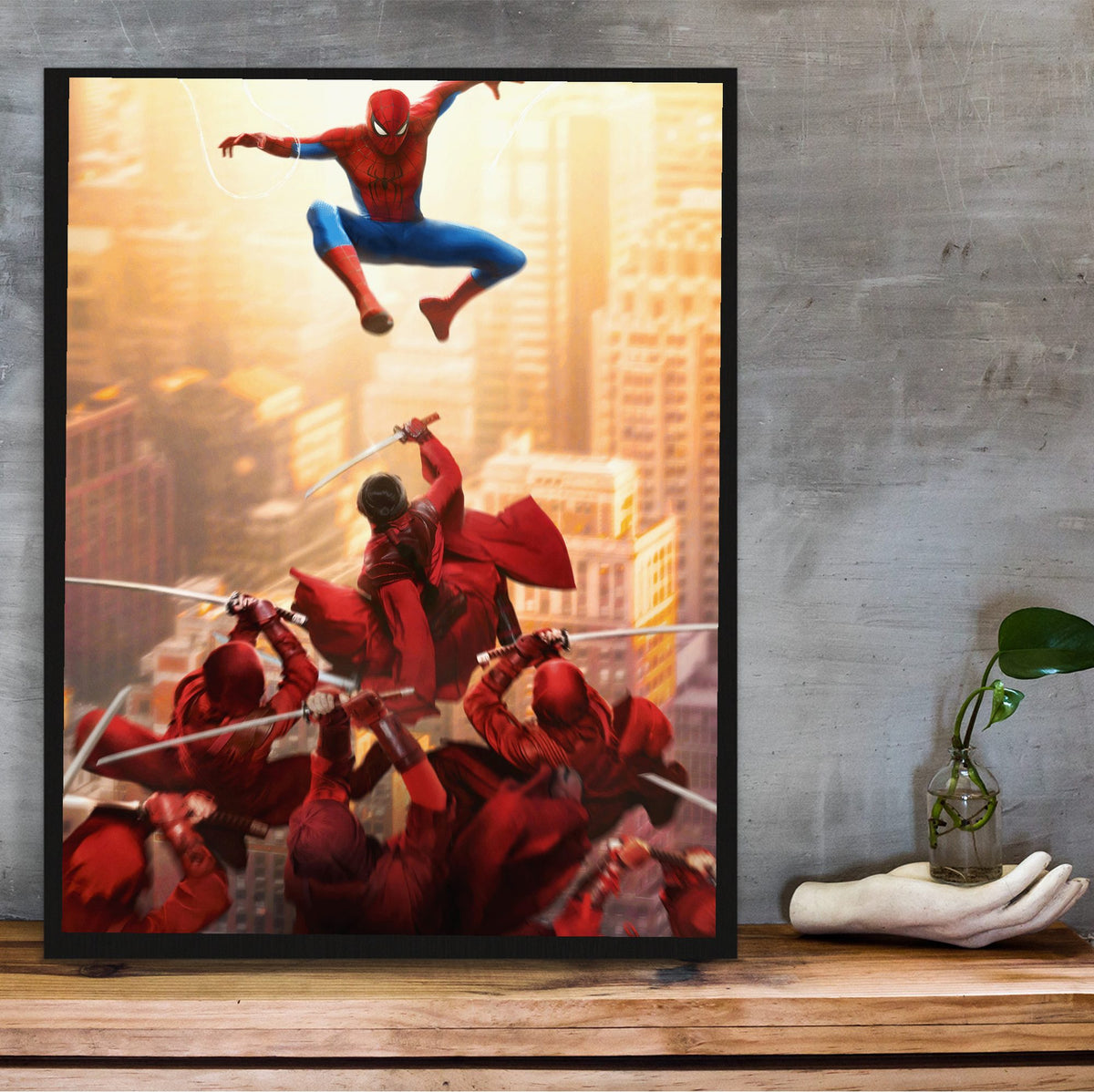 Spider-Man: Brand New Day (2026) Movie Red Stripe Art poster in a black frame on a wooden shelf against concrete