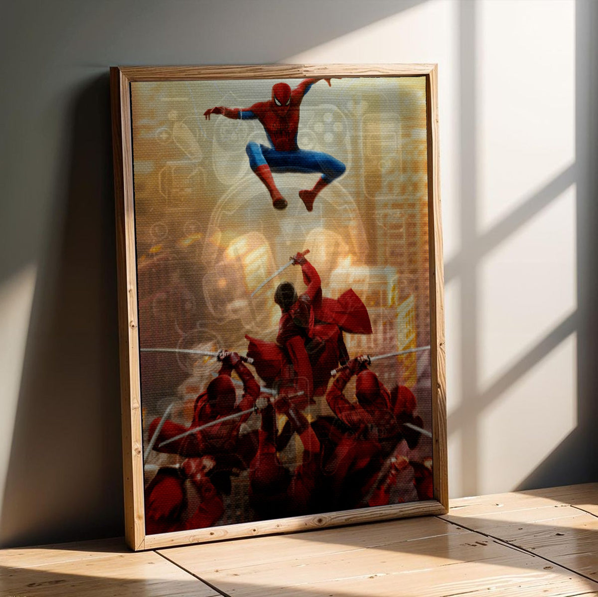 Spider-Man: Brand New Day (2026) Movie Red Stripe Art poster in an oak frame leaning on a wooden floor