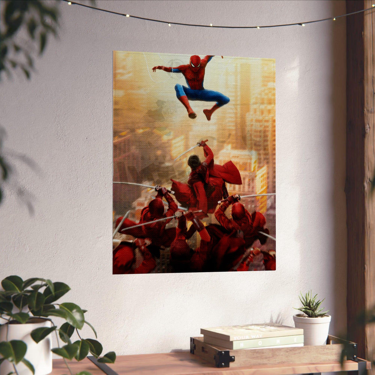 Spider-Man: Brand New Day (2026) Movie Red Stripe Art poster unframed on a white wall above a desk