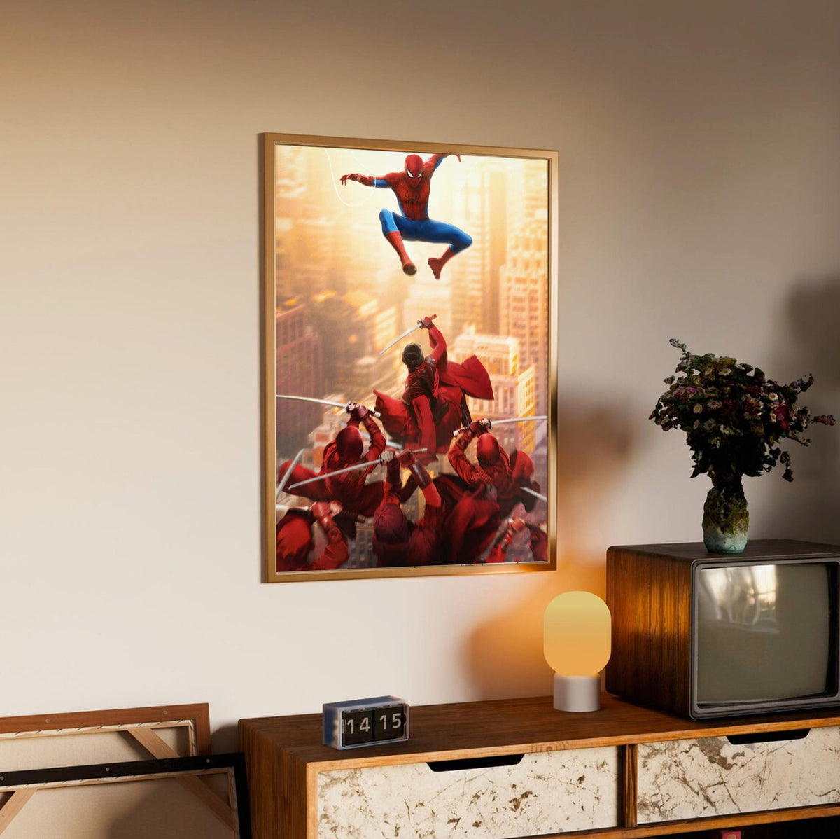 Spider-Man: Brand New Day (2026) Movie Red Stripe Art poster in an oak frame above a sideboard