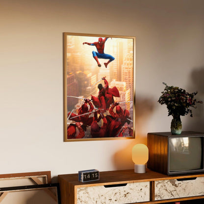 Spider-Man: Brand New Day (2026) Movie Red Stripe Art poster in an oak frame above a sideboard