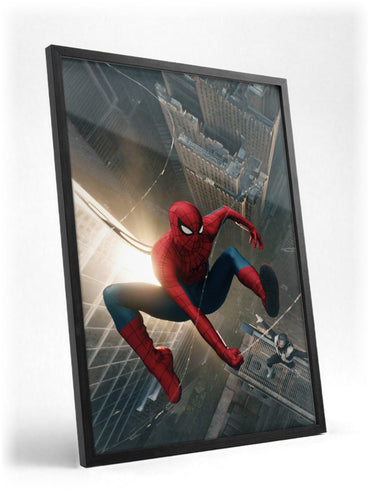 Spider-Man: Brand New Day (2026) Movie Skyline Leap Art poster in a black frame with glass leaning against a wall