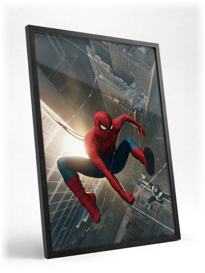 Spider-Man: Brand New Day (2026) Movie Skyline Leap Art poster in a black frame with glass leaning against a wall