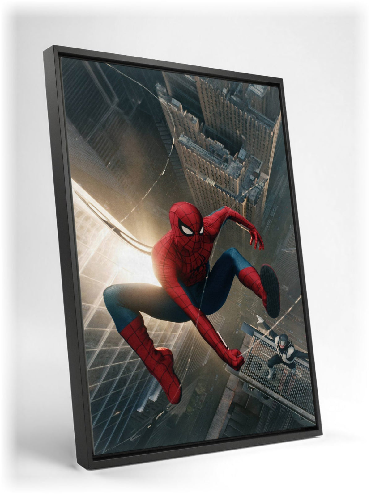 Spider-Man: Brand New Day (2026) Movie Skyline Leap Art as a black floater framed canvas leaning against a wall