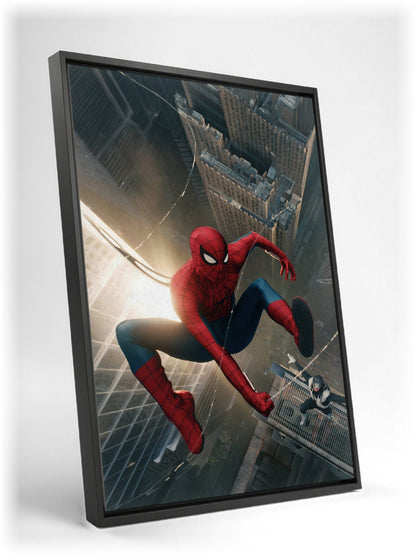 Spider-Man: Brand New Day (2026) Movie Skyline Leap Art as a black floater framed canvas leaning against a wall