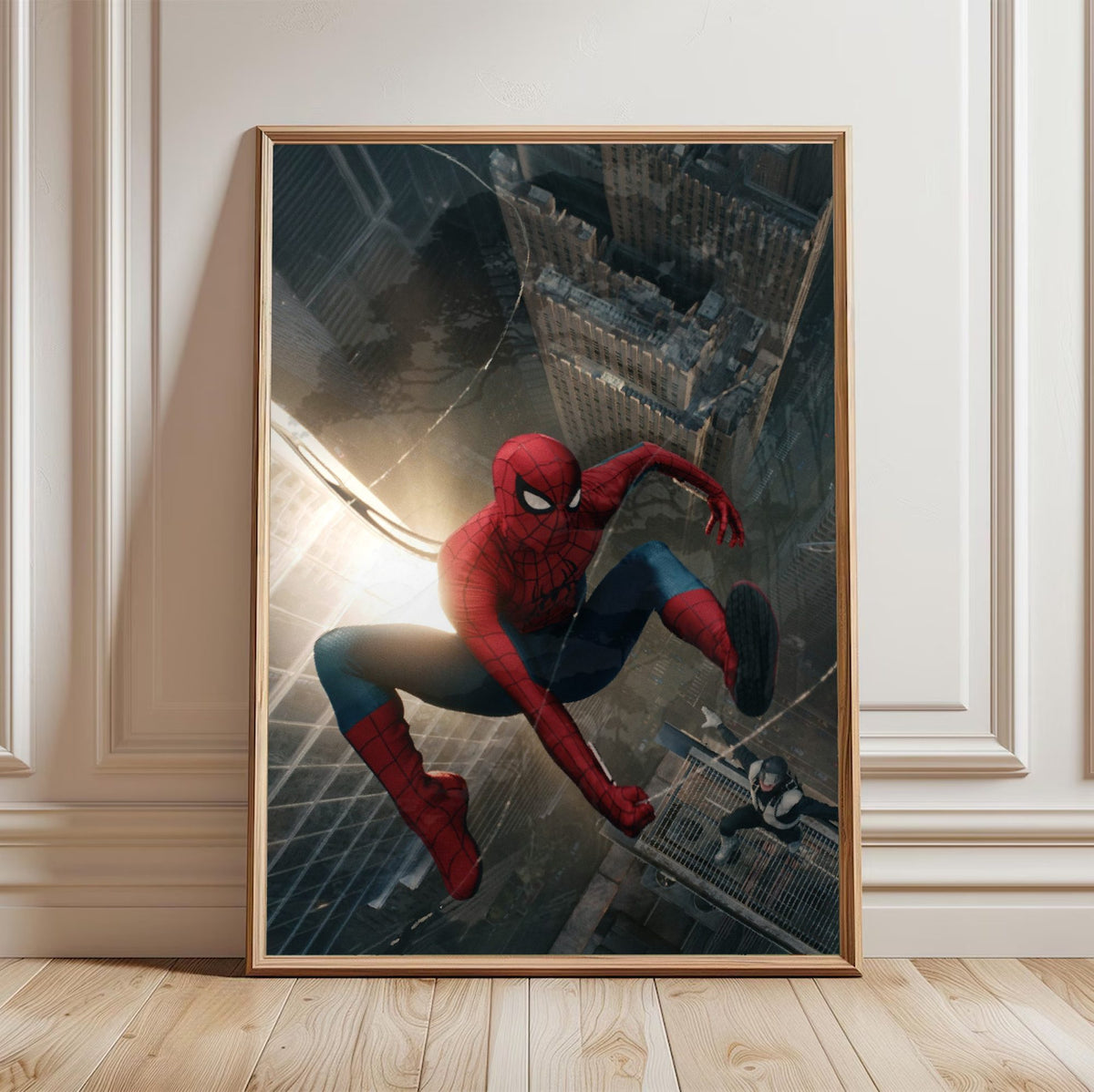 Spider-Man: Brand New Day (2026) Movie Skyline Leap Art poster in a light oak frame leaning against a white wall