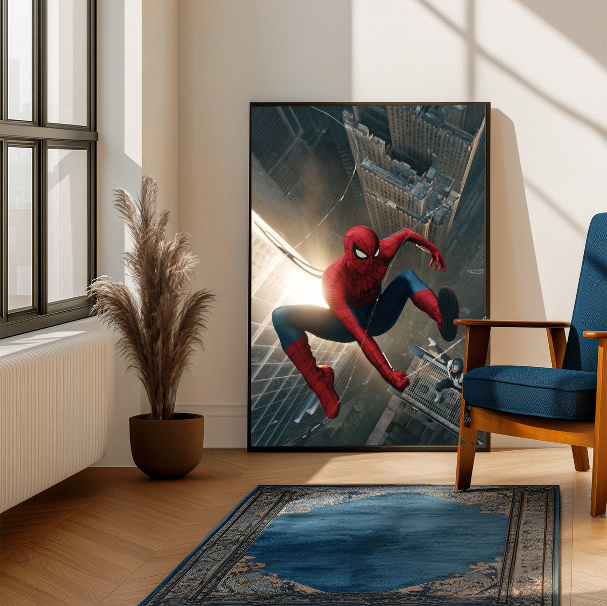 Spider-Man: Brand New Day (2026) Movie Skyline Leap Art poster framed beside a blue armchair in a sunlit room