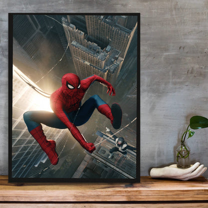 Spider-Man: Brand New Day (2026) Movie Skyline Leap Art poster in a black frame on a wooden shelf against concrete