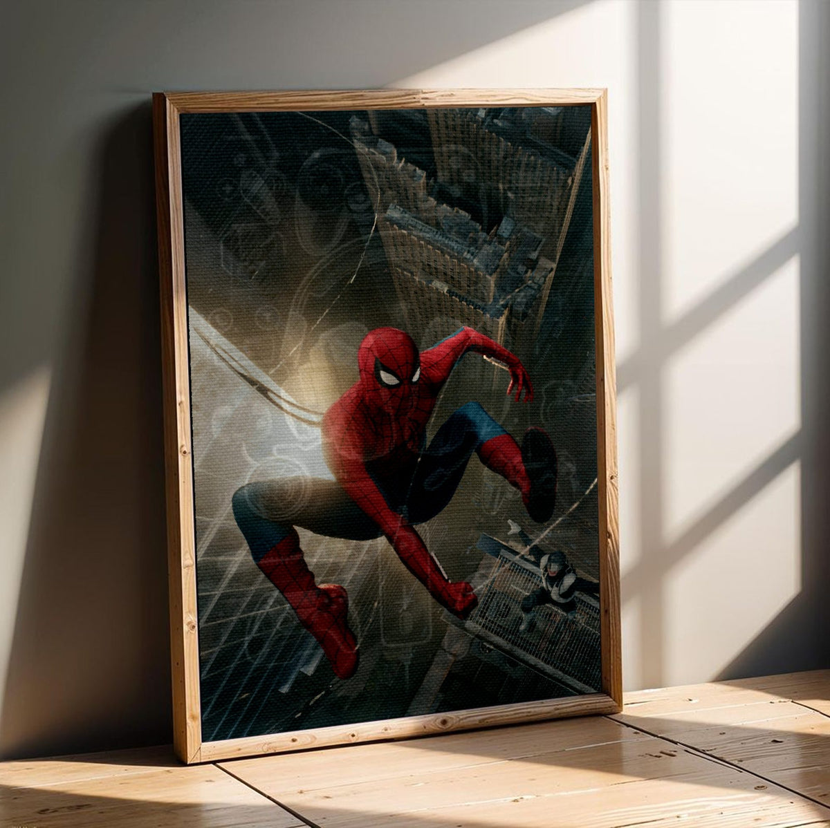 Spider-Man: Brand New Day (2026) Movie Skyline Leap Art poster in an oak frame leaning on a wooden floor