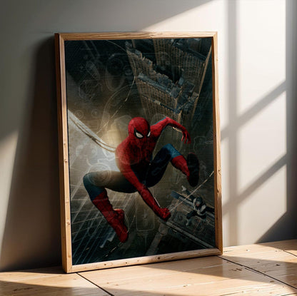 Spider-Man: Brand New Day (2026) Movie Skyline Leap Art poster in an oak frame leaning on a wooden floor