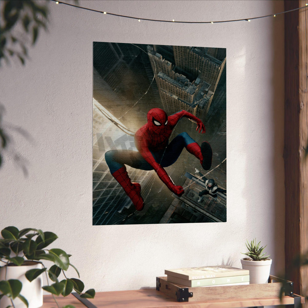 Spider-Man: Brand New Day (2026) Movie Skyline Leap Art poster unframed on a white wall above a desk