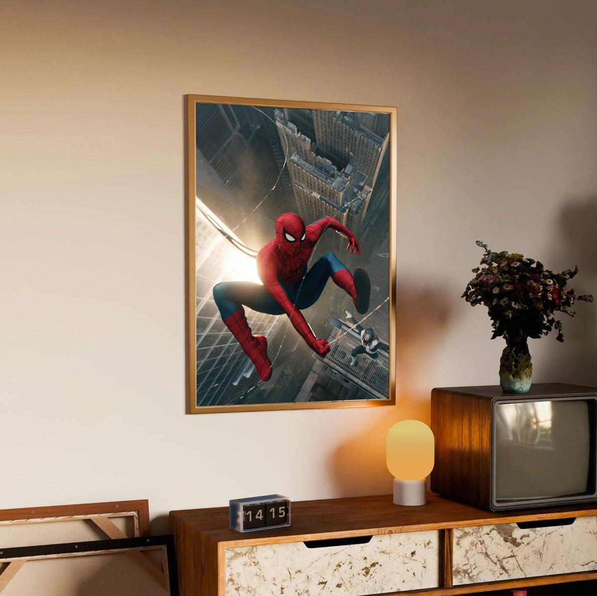 Spider-Man: Brand New Day (2026) Movie Skyline Leap Art poster in an oak frame above a sideboard