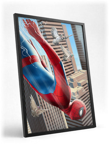 Spider-Man: Brand New Day (2026) Movie Skyscraper Dive Art poster in a black frame with glass leaning against a wall