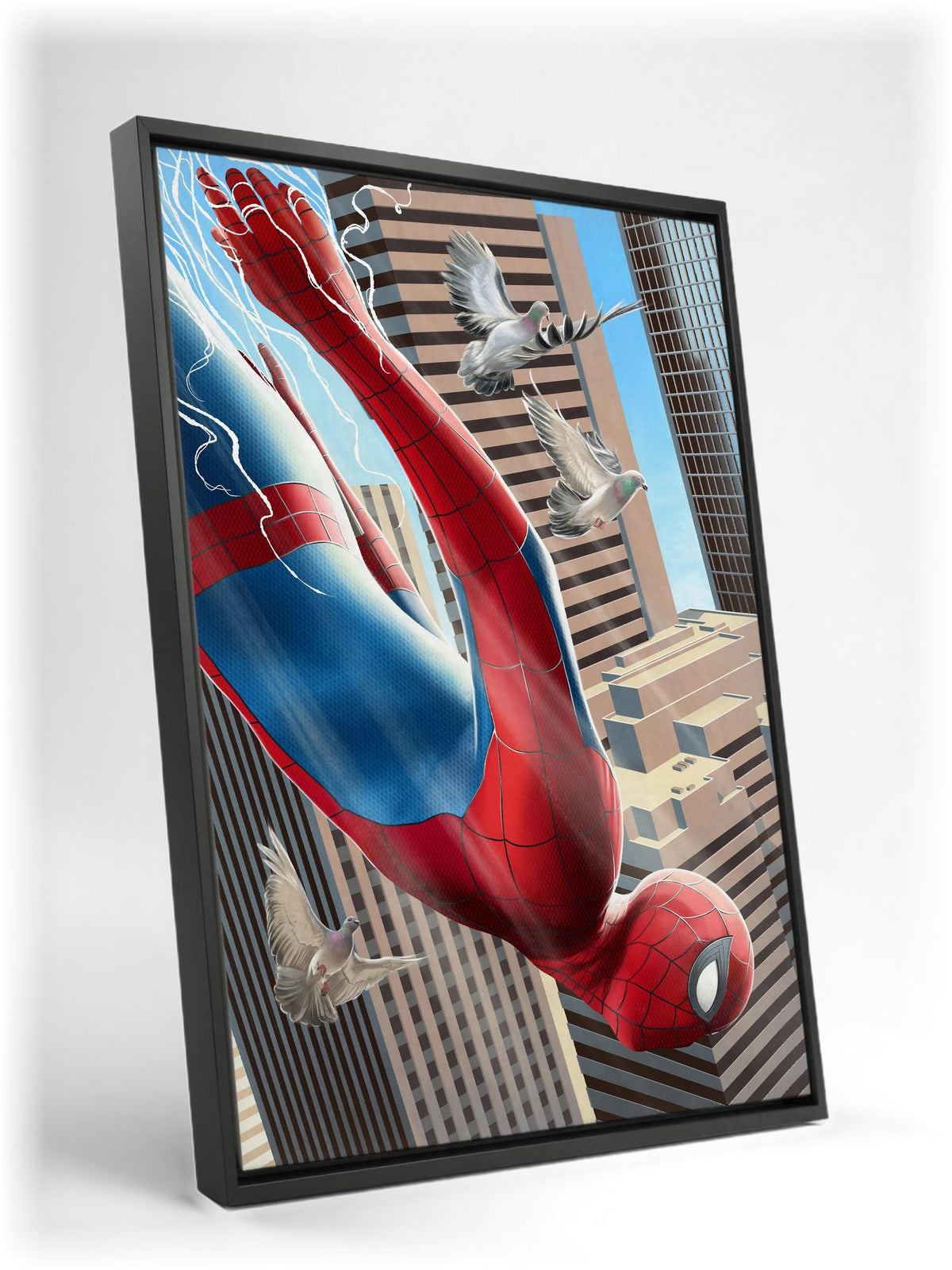 Spider-Man: Brand New Day (2026) Movie Skyscraper Dive Art as a black floater framed canvas leaning against a wall
