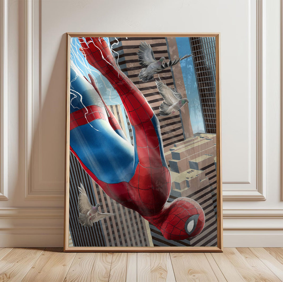 Spider-Man: Brand New Day (2026) Movie Skyscraper Dive Art poster in a light oak frame leaning against a white wall