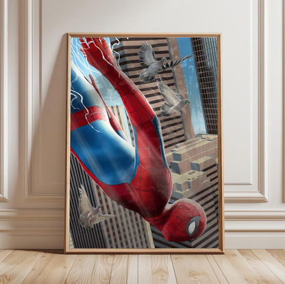 Spider-Man: Brand New Day (2026) Movie Skyscraper Dive Art poster in a light oak frame leaning against a white wall