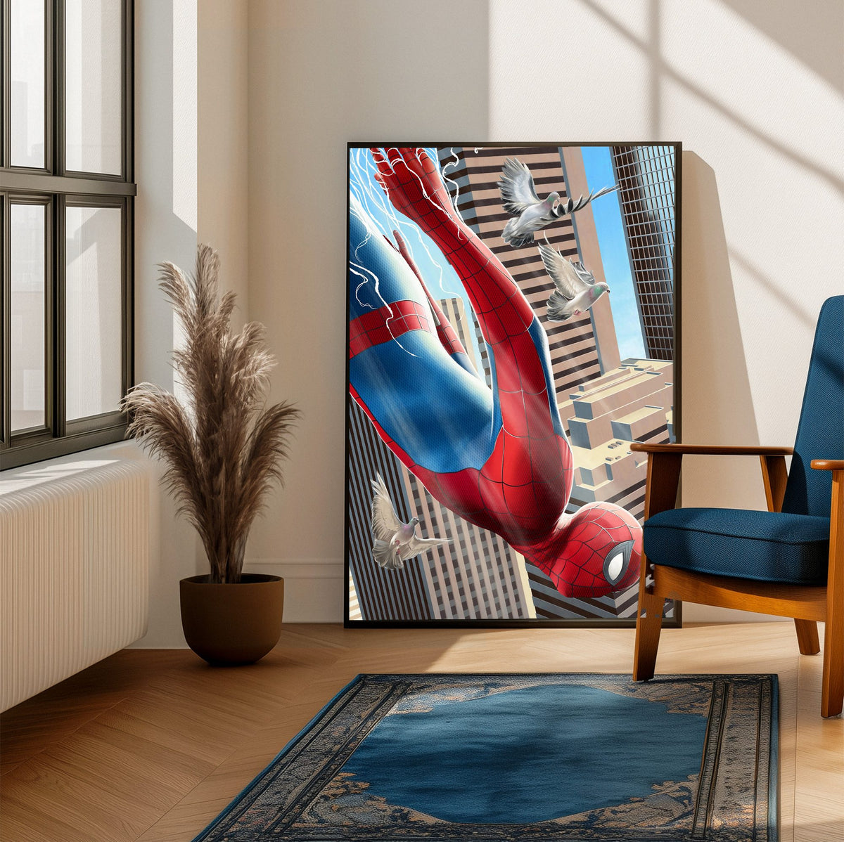 Spider-Man: Brand New Day (2026) Movie Skyscraper Dive Art poster framed beside a blue armchair in a sunlit room