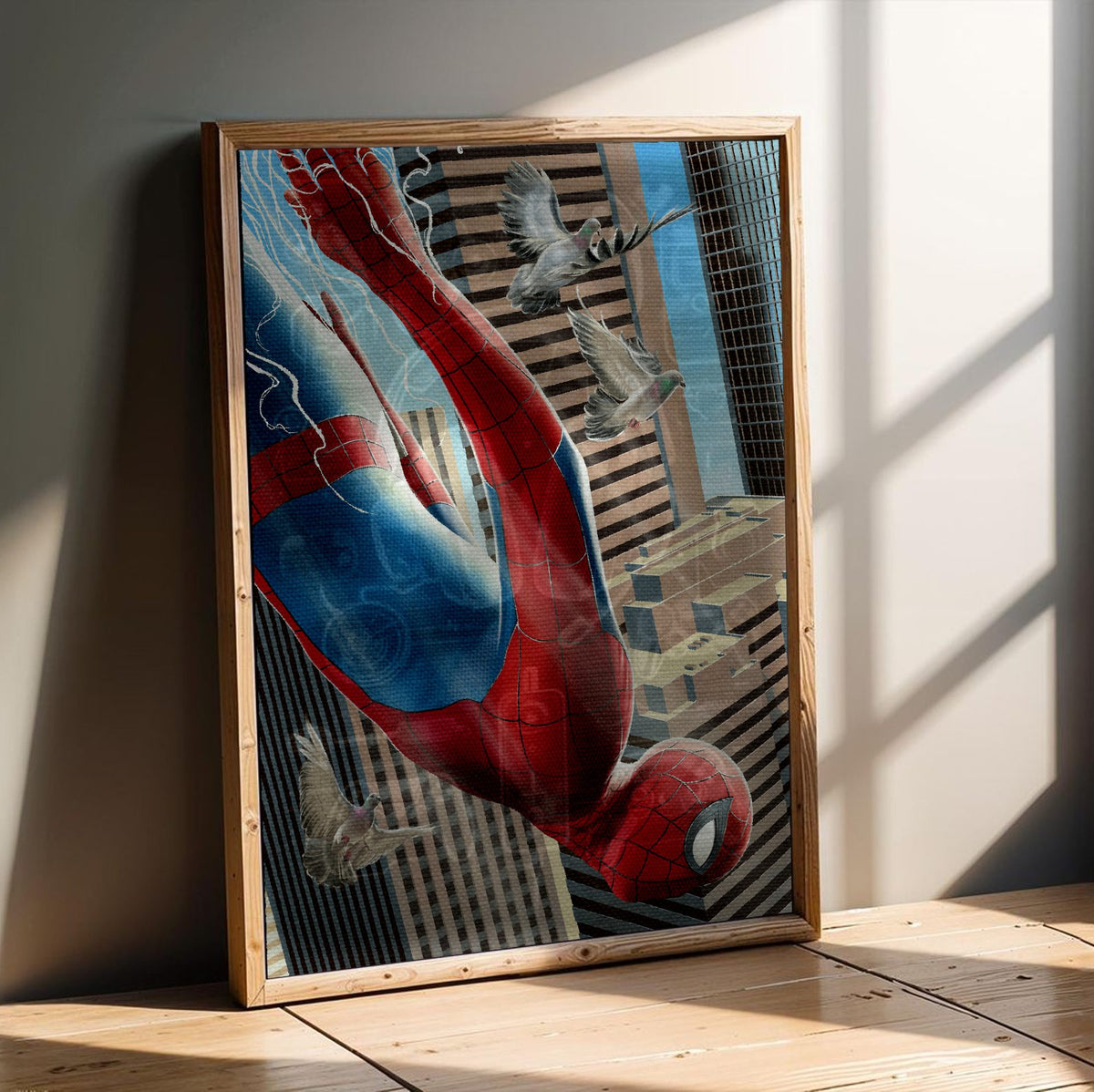 Spider-Man: Brand New Day (2026) Movie Skyscraper Dive Art poster in an oak frame leaning on a wooden floor