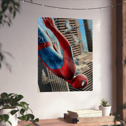 Spider-Man: Brand New Day (2026) Movie Skyscraper Dive Art poster unframed on a white wall above a desk