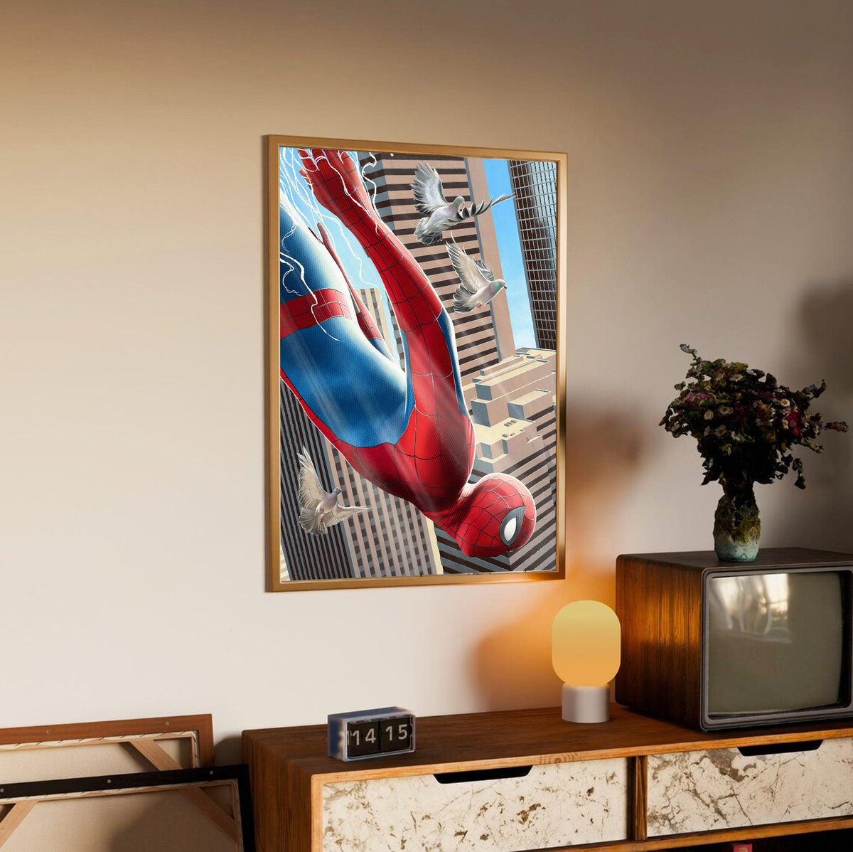 Spider-Man: Brand New Day (2026) Movie Skyscraper Dive Art poster in an oak frame above a sideboard