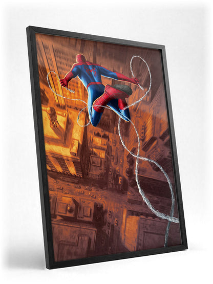 Spider-Man: Brand New Day (2026) Movie Web Swing Art poster in a black frame with glass leaning against a wall