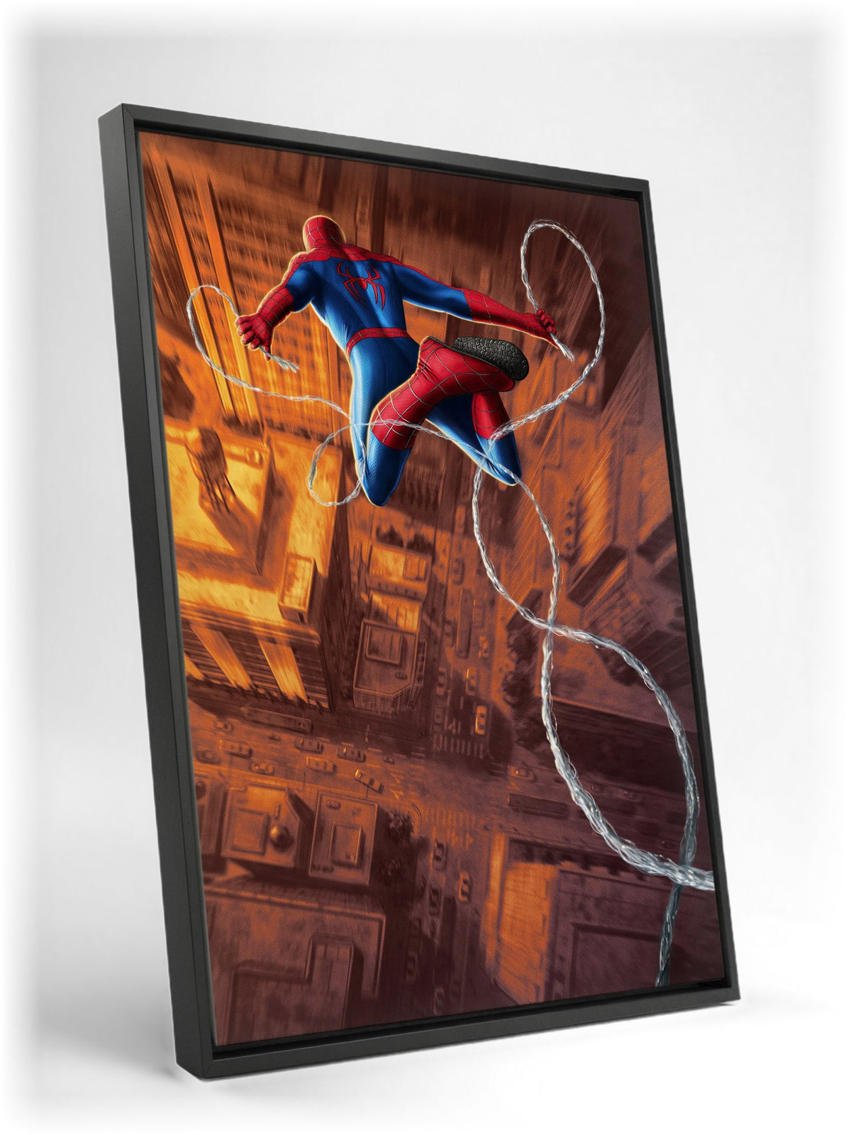 Spider-Man: Brand New Day (2026) Movie Web Swing Art as a black floater framed canvas leaning against a wall