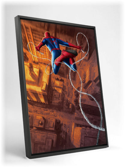 Spider-Man: Brand New Day (2026) Movie Web Swing Art as a black floater framed canvas leaning against a wall