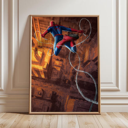 Spider-Man: Brand New Day (2026) Movie Web Swing Art poster in a light oak frame leaning against a white wall