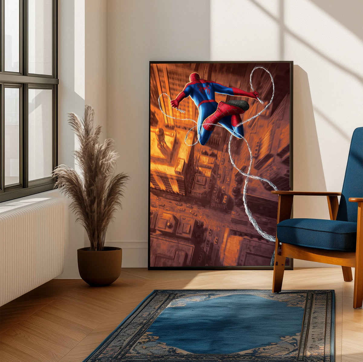 Spider-Man: Brand New Day (2026) Movie Web Swing Art poster framed beside a blue armchair in a sunlit room