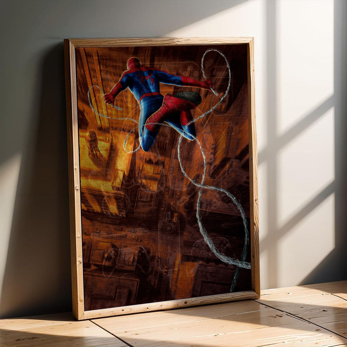 Spider-Man: Brand New Day (2026) Movie Web Swing Art poster in an oak frame leaning on a wooden floor