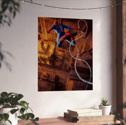 Spider-Man: Brand New Day (2026) Movie Web Swing Art poster unframed on a white wall above a desk