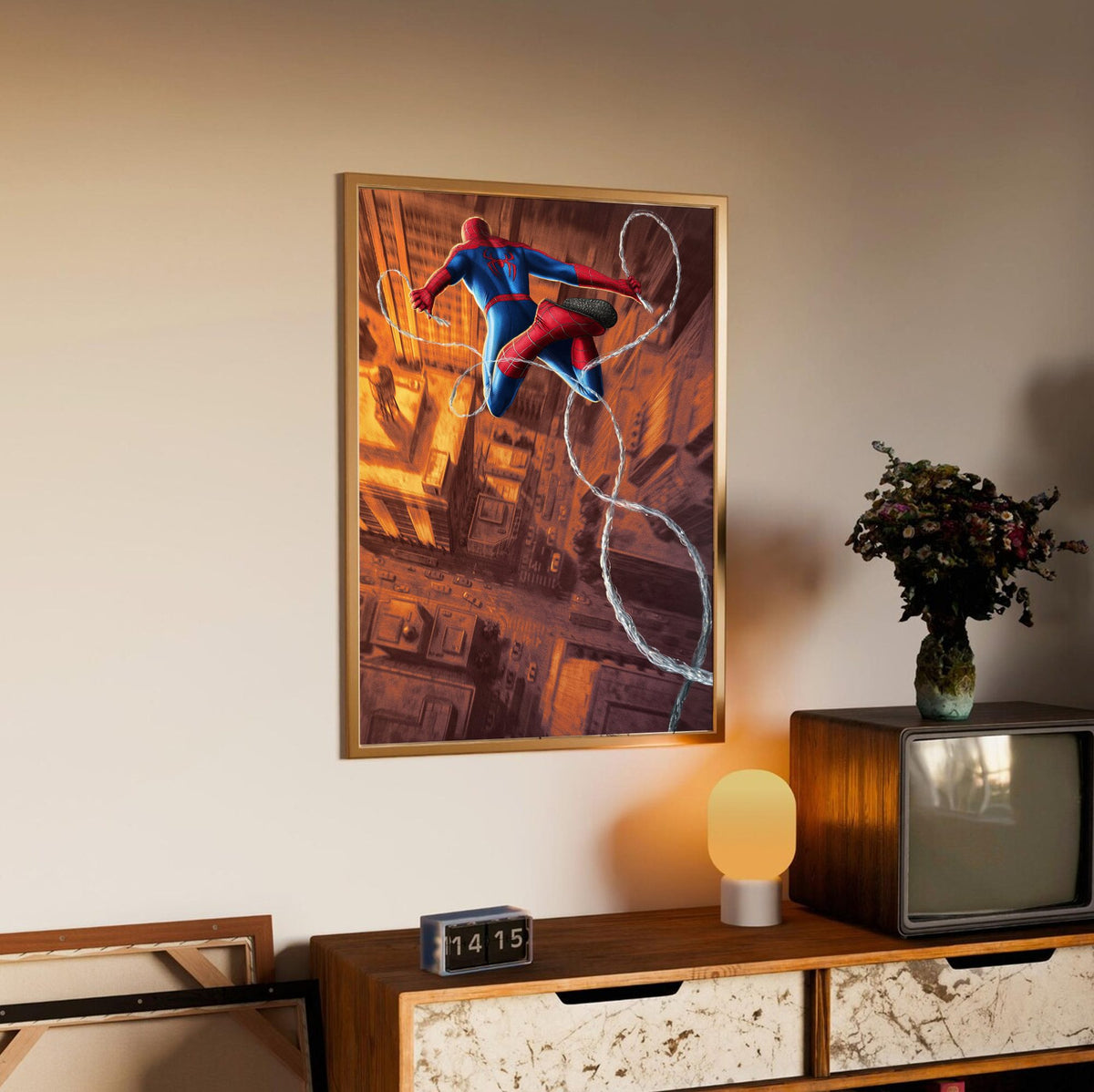 Spider-Man: Brand New Day (2026) Movie Web Swing Art poster in an oak frame above a sideboard