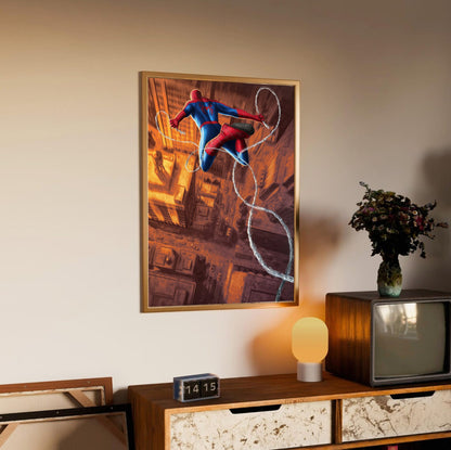 Spider-Man: Brand New Day (2026) Movie Web Swing Art poster in an oak frame above a sideboard
