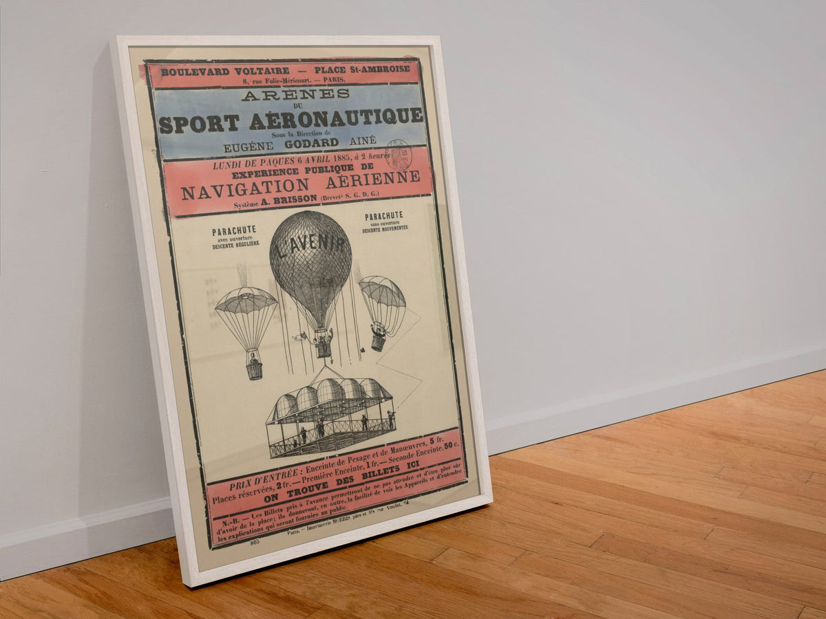 Sport Aeronautique Hot Air Balloon poster in a white frame leaning against a wall