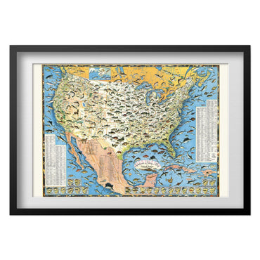 Sportsmen’s Fishing Map 1956 print in a black frame with a white mat