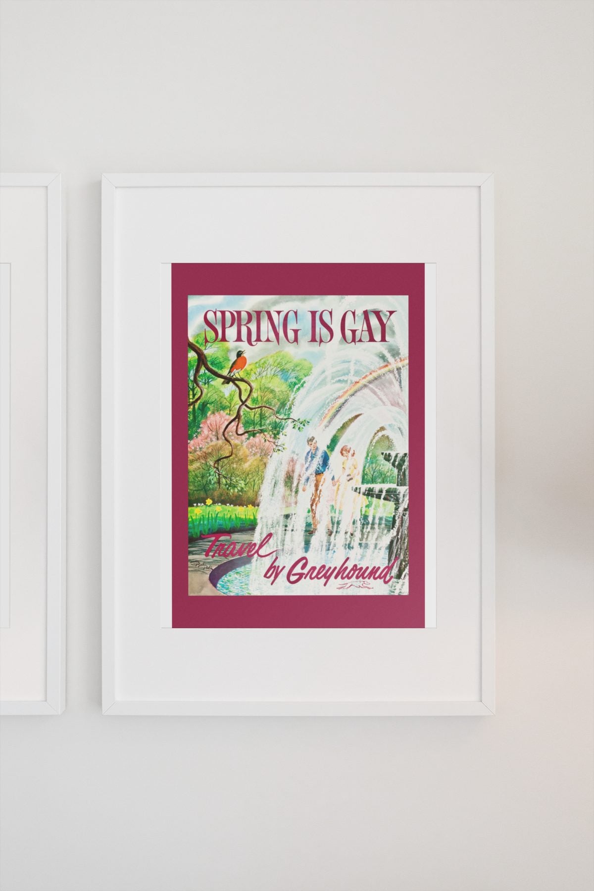 Spring is Gay Greyhound poster on a light wall